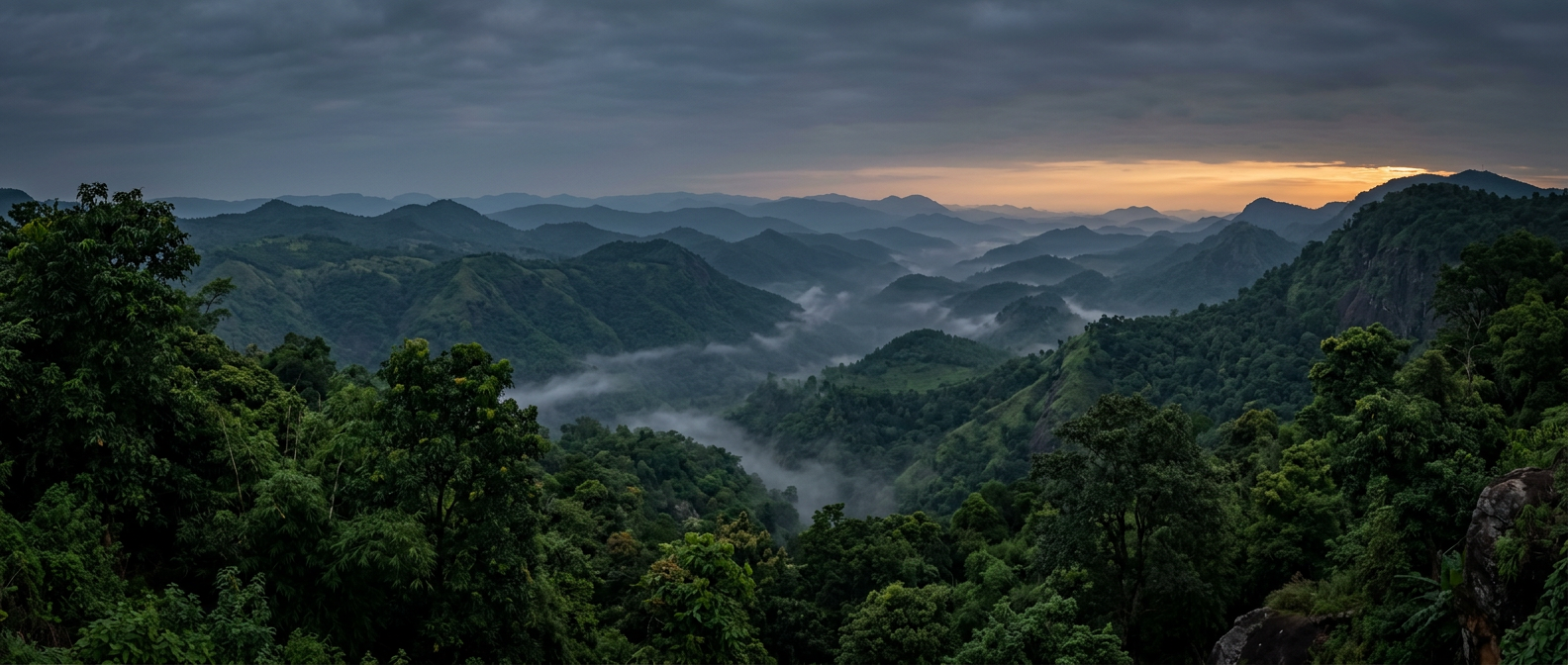 Mist settling into the forested valleys of the Eastern Ghats at first light