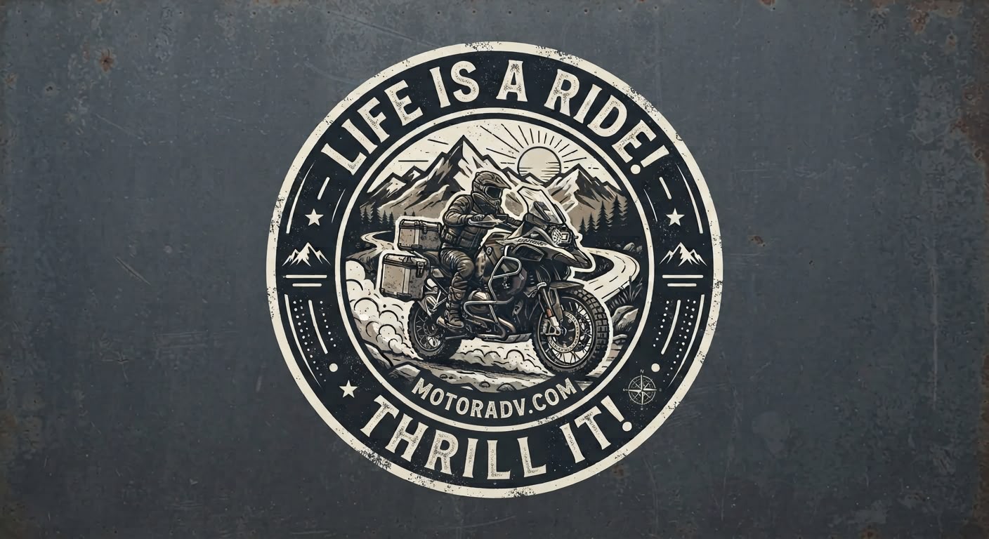 Motor ADV badge: Life is a ride! Thrill it! — an adventure rider on a loaded motorcycle on a mountain trail, motoradv.com